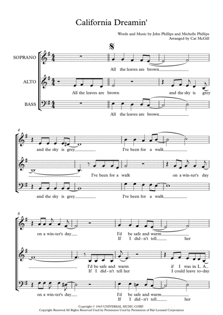 California Dreamin Easy Choir Arrangement Sheet Music