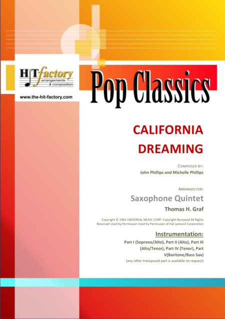 California Dreaming Beach Boys Mamas The Papas Saxophone Quintet Sheet Music