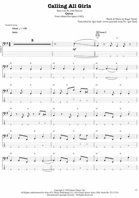 Calling All Girls Queen John Deacon Complete And Accurate Bass Transcription Whit Tab Sheet Music