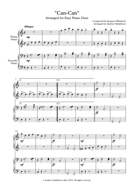 Free Sheet Music Can Can Arranged For Easy Piano Duet