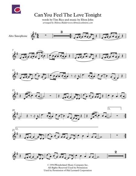 Can You Feel The Love Tonight Alto Saxophone Sheet Music