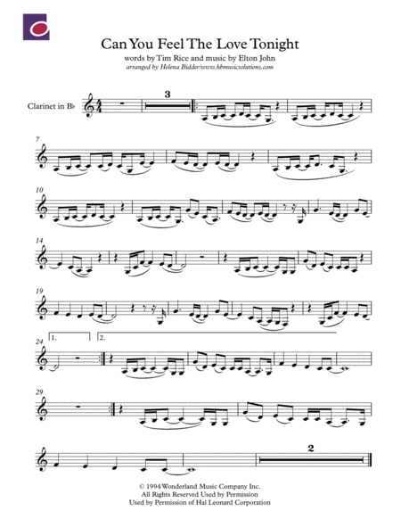 Free Sheet Music Can You Feel The Love Tonight Clarinet In Bb