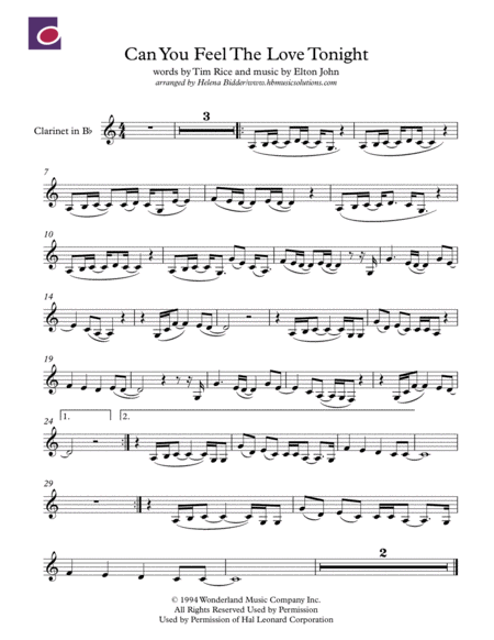 Can You Feel The Love Tonight Clarinet In Bb Sheet Music