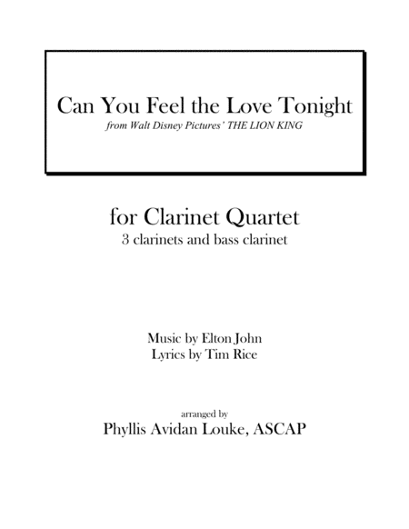 Free Sheet Music Can You Feel The Love Tonight For Clarinet Quartet