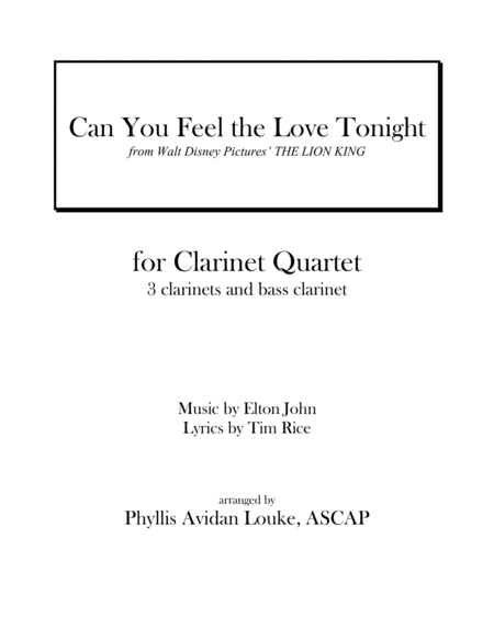 Can You Feel The Love Tonight For Clarinet Quartet Sheet Music