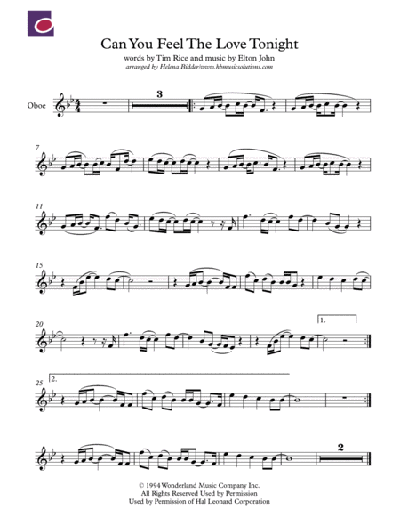 Free Sheet Music Can You Feel The Love Tonight Oboe