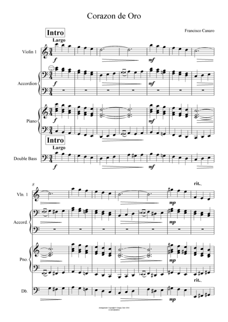 Canaro Corazon De Oro Quartet Sheet Music