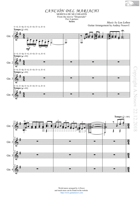 Cancion Del Mariachi Sheet Music For 4 Guitars Sheet Music