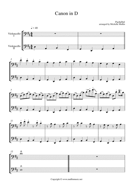 Free Sheet Music Canon In D Cello Duet