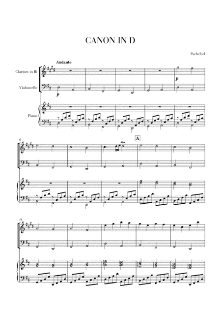 Free Sheet Music Canon In D For Clarinet In Bb Cello And Piano