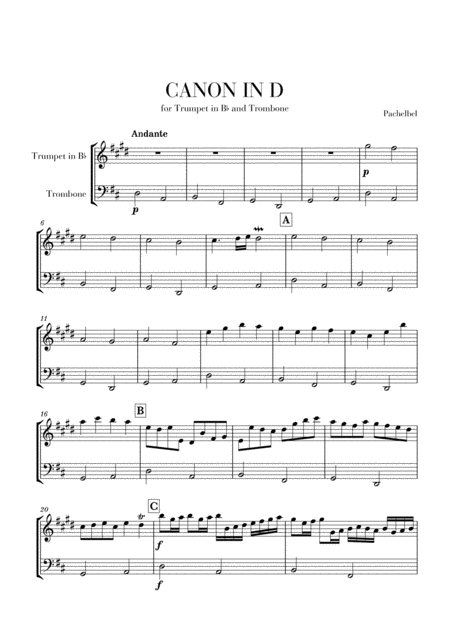 Free Sheet Music Canon In D For Trumpet In Bb And Trombone