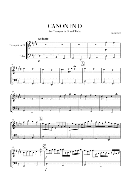 Free Sheet Music Canon In D For Trumpet In Bb And Tuba