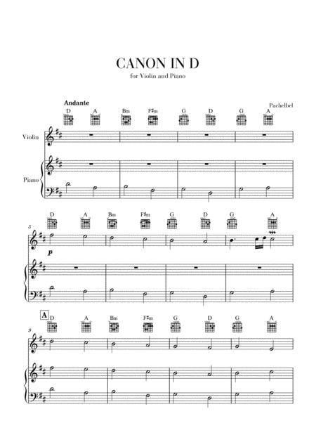 Canon In D For Violin And Very Easy Piano And Guitar Chords Sheet Music