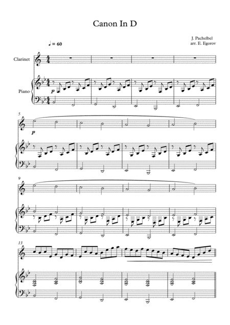 Canon In D Johann Pachelbel For Clarinet Piano Sheet Music