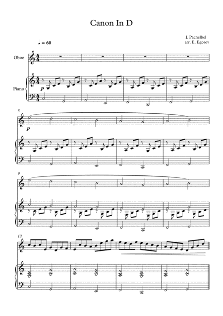 Canon In D Johann Pachelbel For Oboe Piano Sheet Music