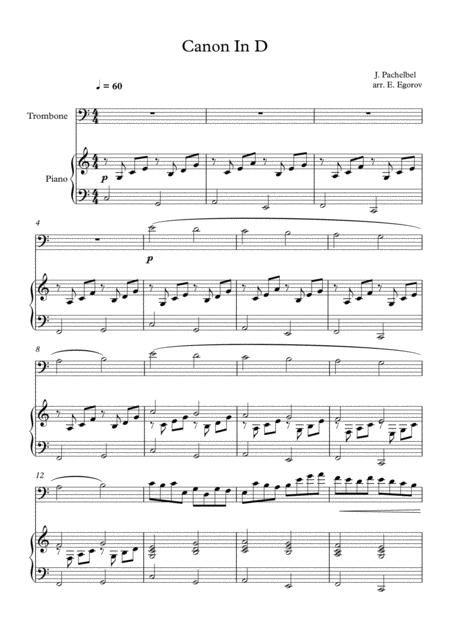 Canon In D Johann Pachelbel For Trombone Piano Sheet Music