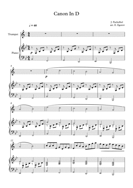 Free Sheet Music Canon In D Johann Pachelbel For Trumpet Piano