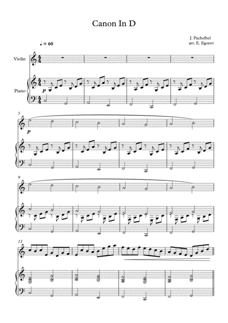 Canon In D Johann Pachelbel For Violin Piano Sheet Music