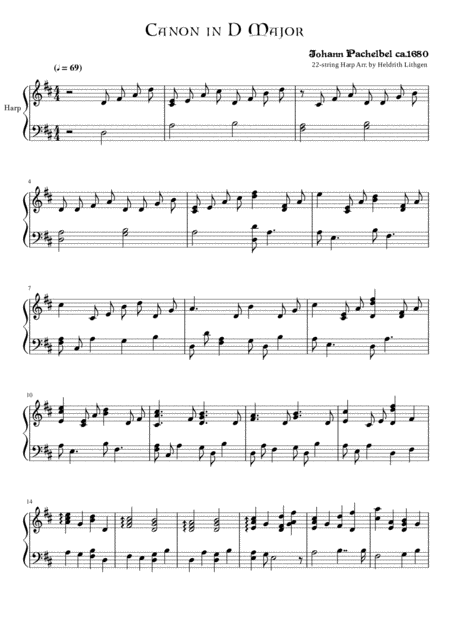 Canon In D Major Johann Pachelbel Harp Solo Short Version Sheet Music