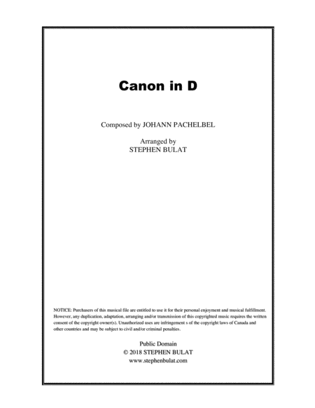 Canon In D Pachelbel Lead Sheet In Original Key Of D Sheet Music