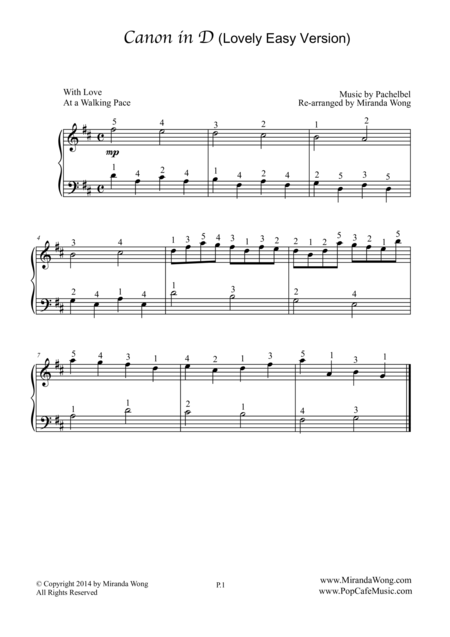 Canon In D Romantic Piano Solo Lovely Easy Version Sheet Music