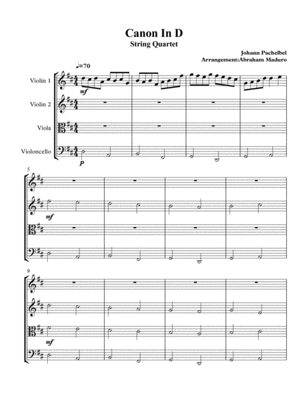 Free Sheet Music Canon In D String Quartet