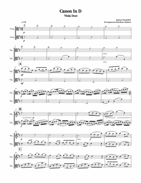 Free Sheet Music Canon In D Viola Duet