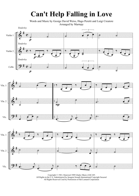 Free Sheet Music Cant Help Falling In Love Arranged For String Trio