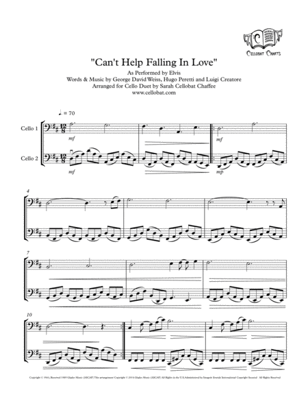 Free Sheet Music Cant Help Falling In Love Cello Duet Elvis Arr Cellobat Recording Available