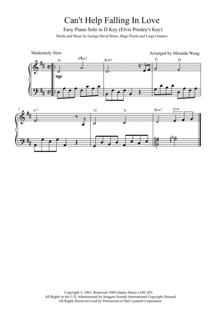 Free Sheet Music Cant Help Falling In Love Easy Piano Solo In D Key With Chords