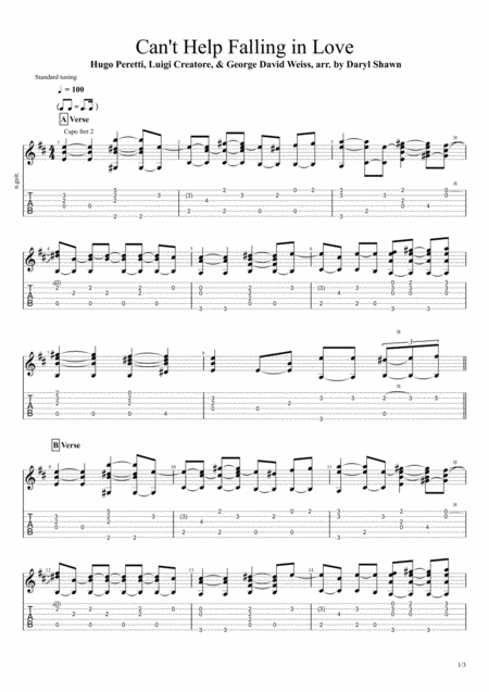 Cant Help Falling In Love Elvis For Solo Fingerstyle Guitar Sheet Music