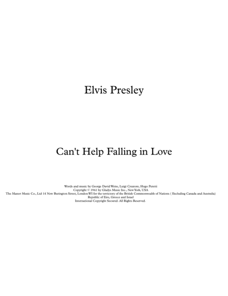 Cant Help Falling In Love Elvis Presley Easy Piano Vocal Score Sheet Music