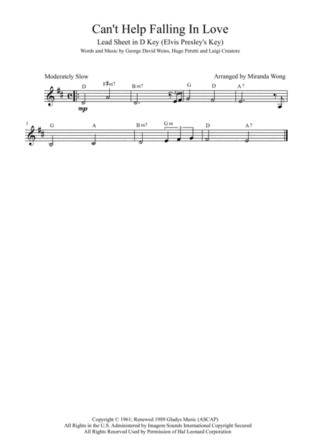Free Sheet Music Cant Help Falling In Love Lead Sheet In D Key With Chords Elvis Presley