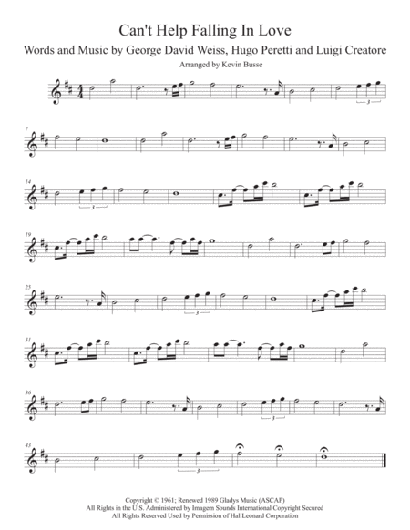 Cant Help Falling In Love Original Key Flute Sheet Music