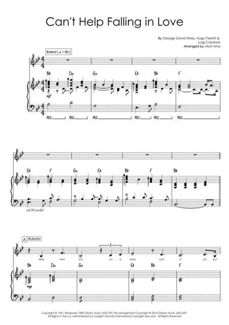 Cant Help Falling In Love Piano And Vocal Key Of Bb Sheet Music