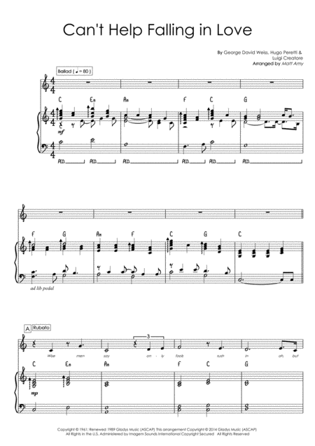 Free Sheet Music Cant Help Falling In Love Piano And Vocal Key Of C