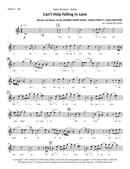 Free Sheet Music Cant Help Falling In Love String Quartet