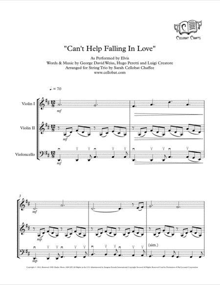 Cant Help Falling In Love String Trio 2 Violins Cello Elvis Arr Cellobat Sheet Music