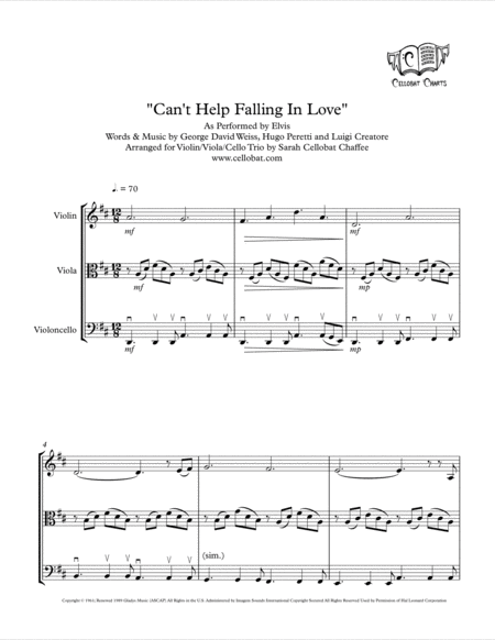 Cant Help Falling In Love String Trio Violin Viola Cello Elvis Arr Cellobat Sheet Music