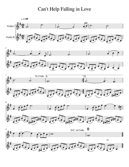 Cant Help Falling In Love Violin Duet Sheet Music