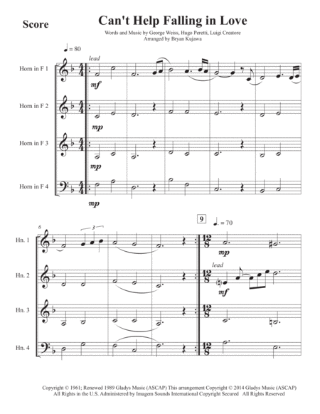 Cant Help Falling In Love With You Horn Quartet Sheet Music