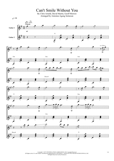 Cant Smile Without You Duet Guitar Score Sheet Music