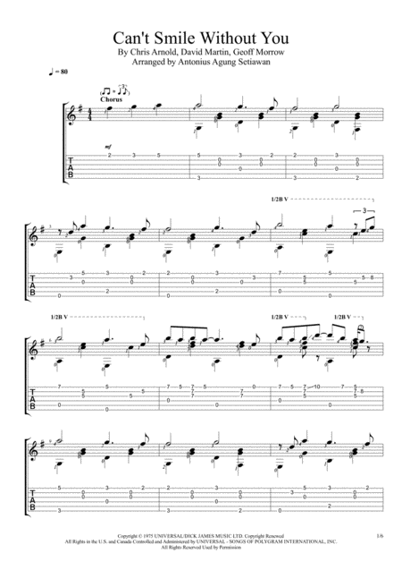 Cant Smile Without You Solo Guitar Tablature Sheet Music