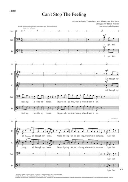 Cant Stop The Feeling An Energetic Ttbb Arrangement Sheet Music