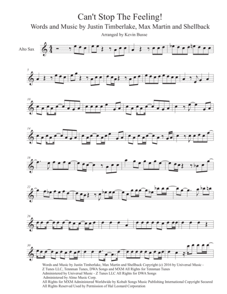 Free Sheet Music Cant Stop The Feeling Easy Key Of C Alto Sax