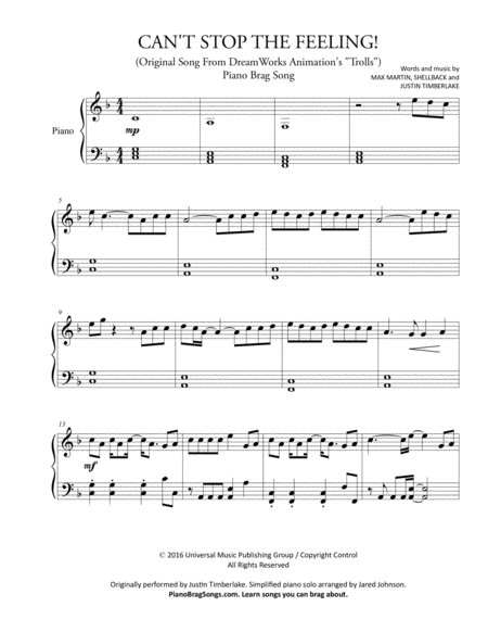 Free Sheet Music Cant Stop The Feeling From Trolls Short Piano Solo