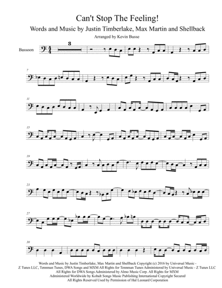 Free Sheet Music Cant Stop The Feeling Original Easy Key Of C Bassoon