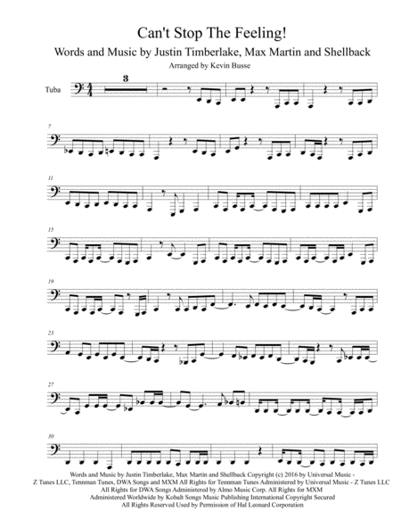 Cant Stop The Feeling Original Easy Key Of C Tuba Sheet Music