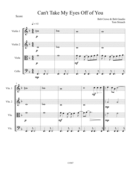 Cant Take My Eyes Off Of You For String Quartet Easy Intermediate Sheet Music