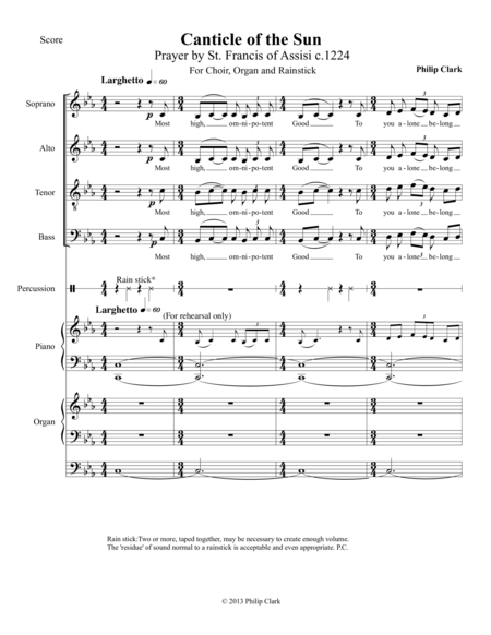 Canticle Of The Sun Prayer By St Francis Of Assisi For Satb Organ And Rainstick Sheet Music